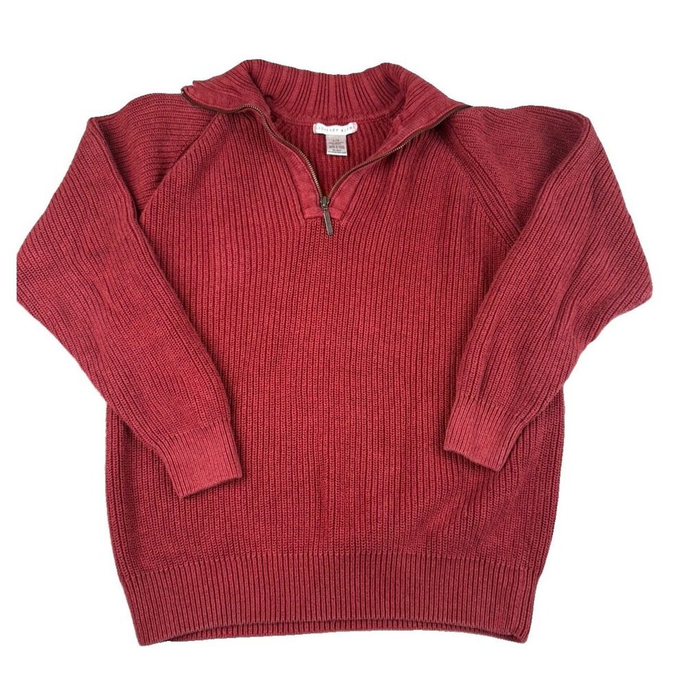 Geoffrey Beene Mens L Sweater 100% Cotton Red Ribbed Quarter Zip Pullover